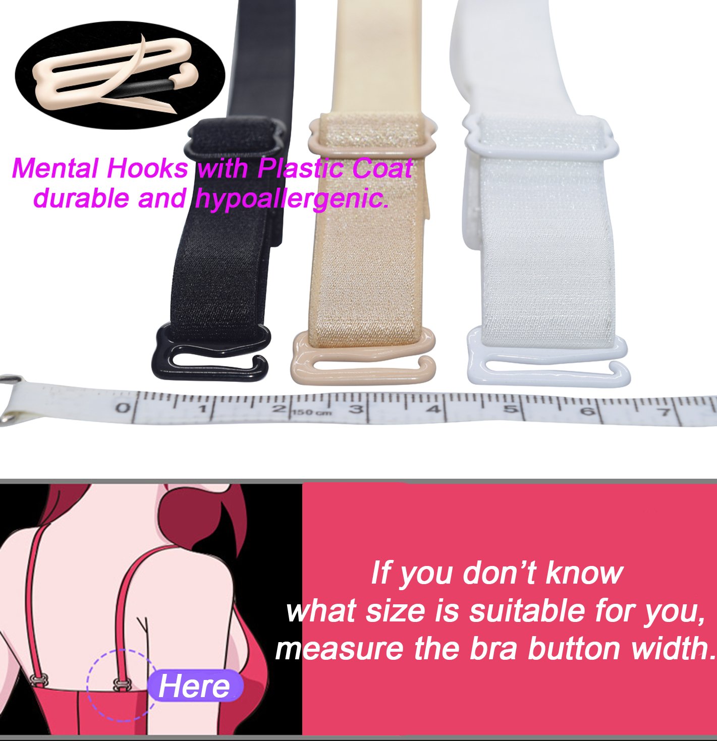 DoHope Adjustable Bra Straps Replacement 10/12/15/18/20mm Wide Black White Beige - Image 3